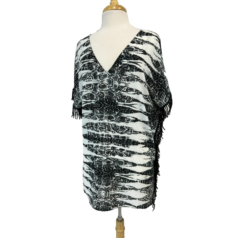 Alberto Makali Fringed‎ Poncho Beaded Black White Snake Print V-Neck SZ M